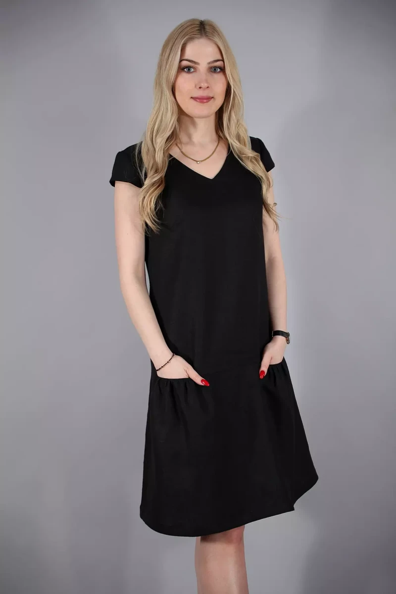 Czarna sukienka z kieszeniami na lato 100% len Dora czarna przód