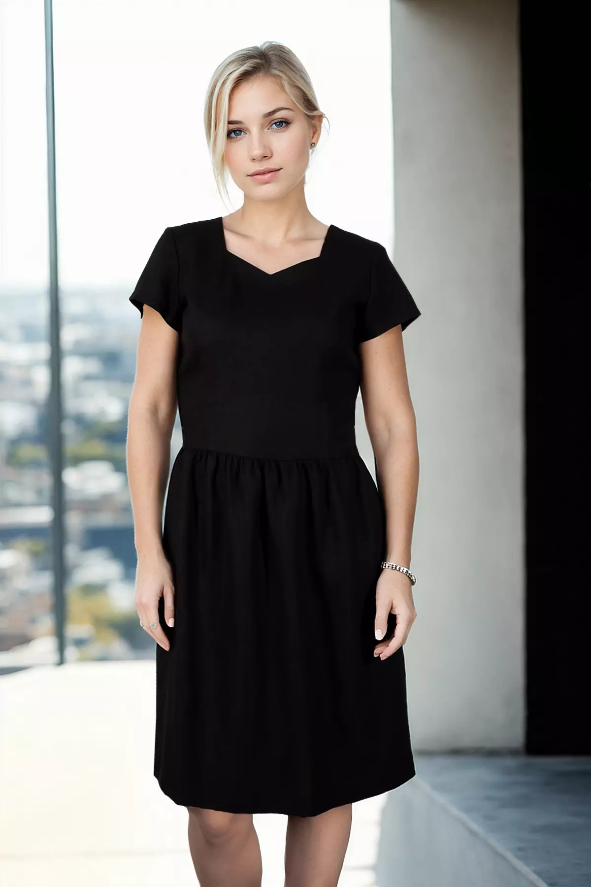 Portret blondynki stojącej prosto, patrzącej spokojnie w obiektyw. Prezentuje czarną sukienkę od przodu. Ubranie ma dopasowaną górę z ciekawym dekoltem wyciętym w kształcie łagodnego serca lub szerokiego V. Spódnica jest odcinana w talii i lekko marszczona. Kobieta znajduje się w jasnym, przeszklonym wnętrzu lub na tarasie z widokiem na miasto.
