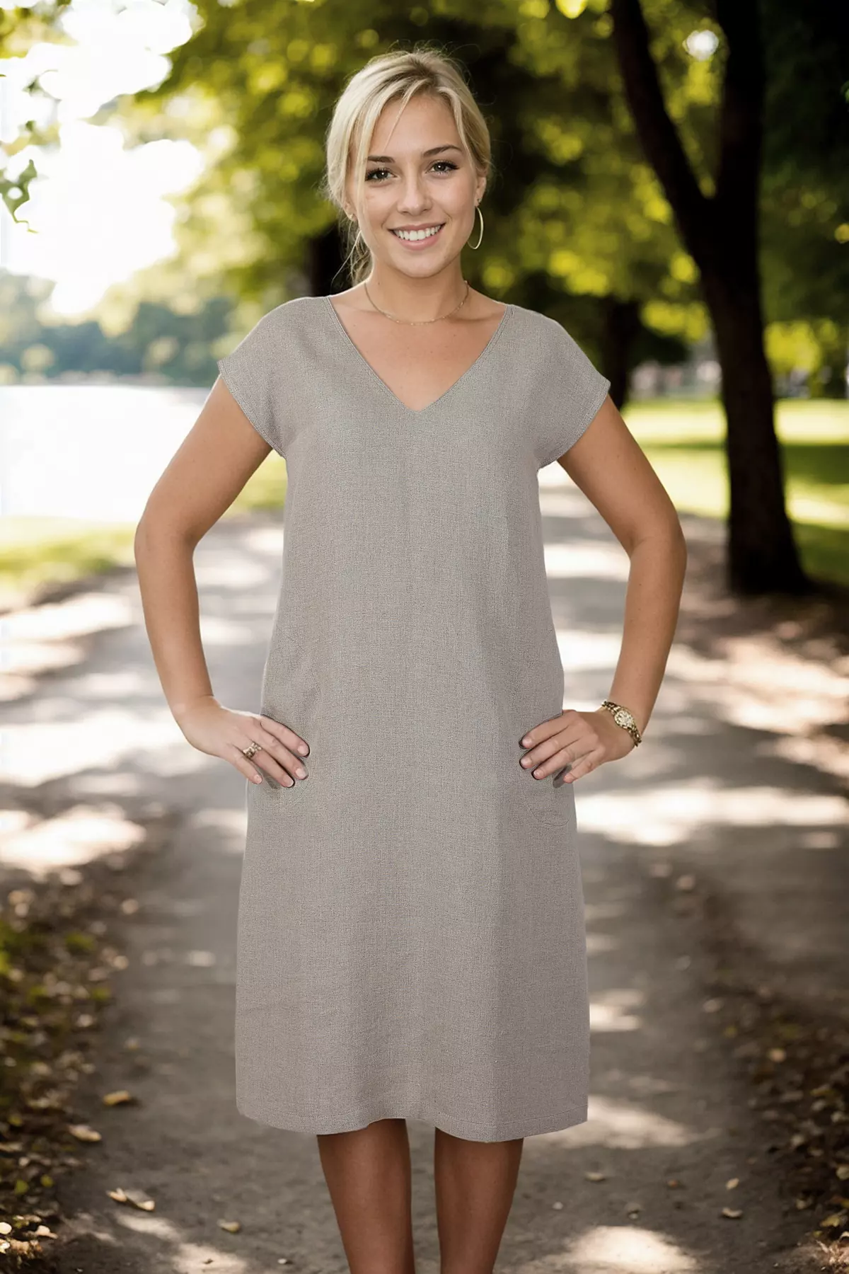 Modelka stoi przodem na tle jeziora i drzew. Prezentuje sukienkę o kroju trapezowym (litera A) w kolorze naturalnego lnu. Dłonie trzyma na biodrach, eksponując luźny fason i naszywane kieszenie.
