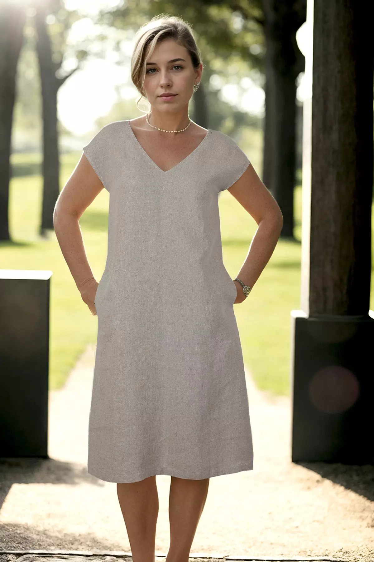Modelka stoi pod drewnianą konstrukcją w parku. Ręce trzyma głęboko w kieszeniach sukienki, co lekko napina materiał na biodrach. Sukienka sięga kolan i ma kolor piaskowego beżu.