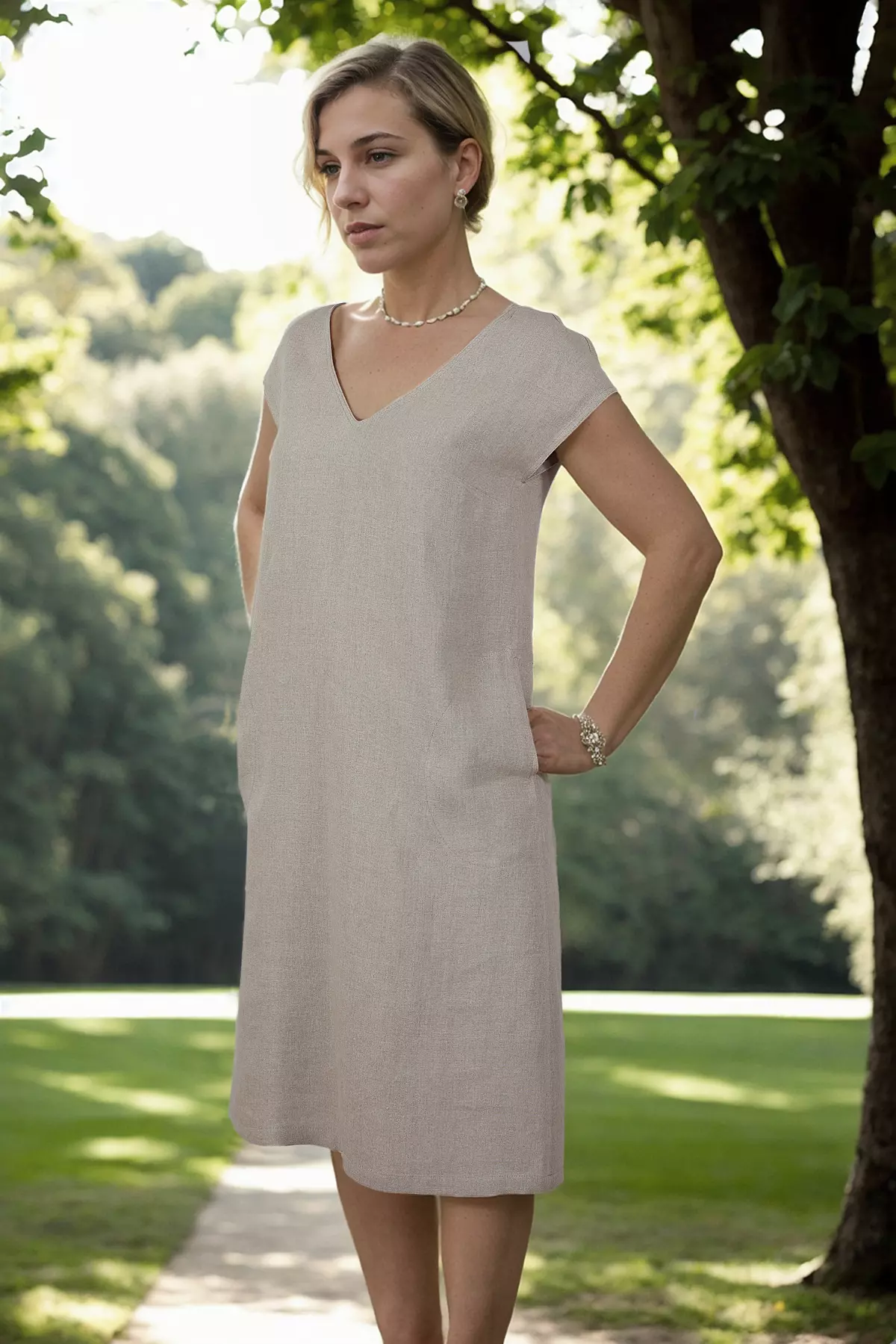 Modelka stoi w parku, patrząc w dal. Naturalne światło podkreśla fakturę niebarwionego lnu. Sukienka ma dekolt w serek i krótkie rękawki, które są przedłużeniem ramienia. Na nadgarstku modelka ma bransoletkę.