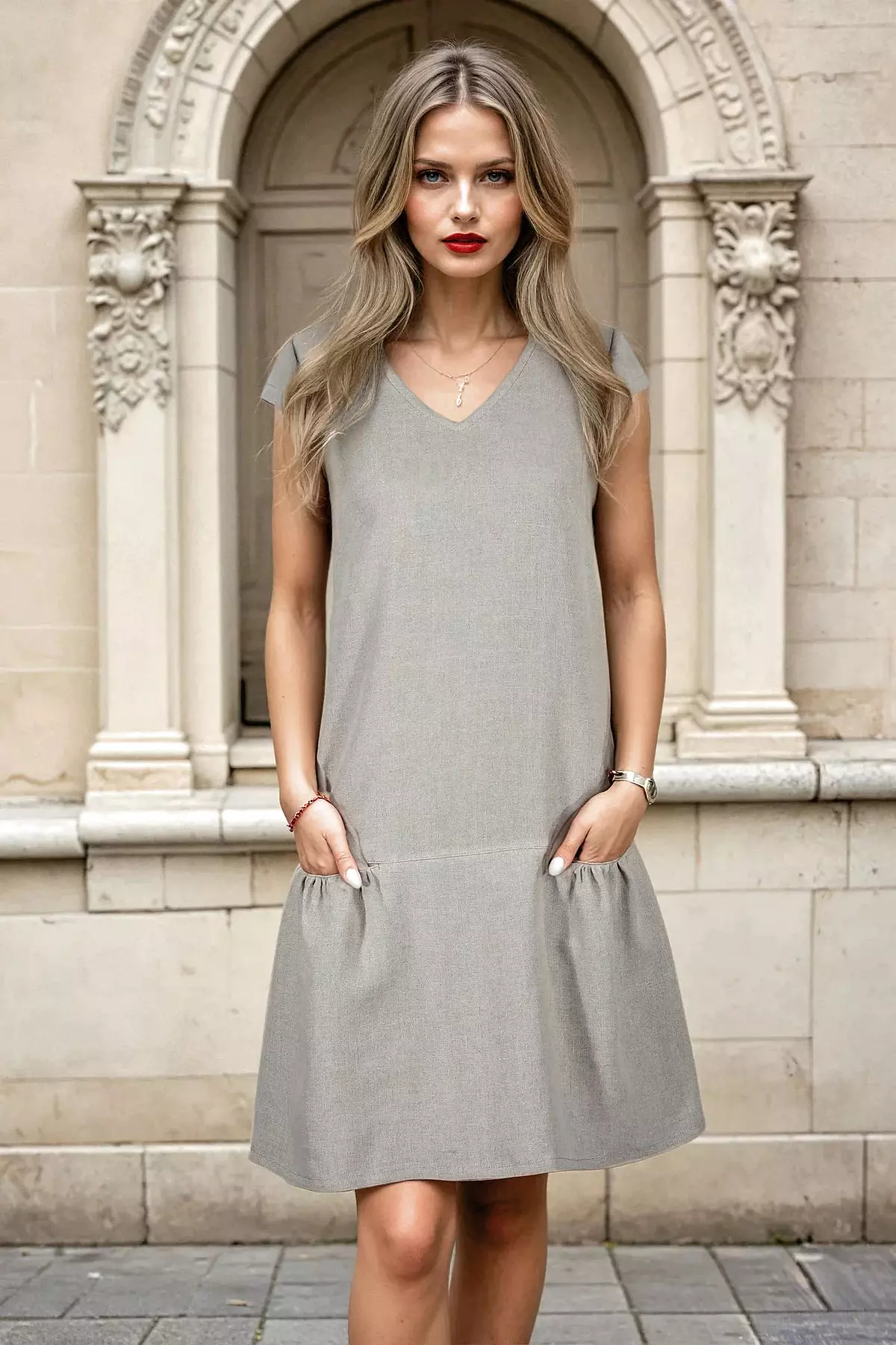 Elegancka lniana sukienka Dora w kolorze naturalnego lnu, zaprezentowana w miejskiej stylizacji na tle zabytkowej kamienicy. Modelka z długimi blond włosami i czerwonymi ustami trzyma dłonie w kieszeniach, podkreślając swobodny, a zarazem stylowy charakter lnianej odzieży.